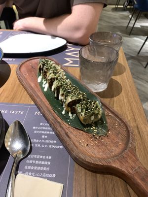 Morí mushroom wrapped in tofu skin. Sauce is nice but mushrooms are hard and chewy! Be warned  at MAYS in Guangzhou