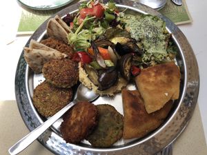 Falafel, salad, humus etc. at Pulse in Crete
