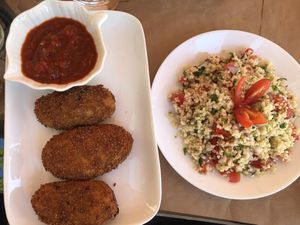 Tabouleh Salad and Potatocakes with Chilijam at Pulse in Crete