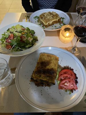 Lasagne, mixed Salad & Moussaka at Pulse in Crete