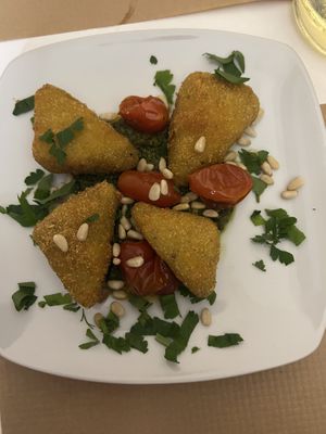 Polenta triangles with pesto   at Pulse in Crete