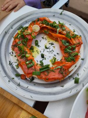 the carrot something. like a giant bagel with vegan equivalents of salmon and cream cheese at Pulse in Crete