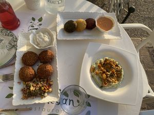 Potato cakes, falafel and green goddess salad   at Pulse in Crete