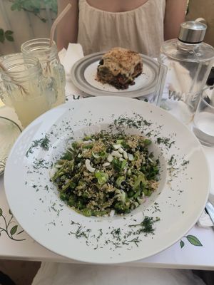 risotto verde, moussaka on the background at Pulse in Crete