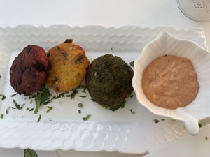 Potato cakes (this sauce is amazing )  at Pulse in Crete