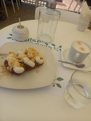 Carrot cake with almond cappuccino at Pulse in Crete
