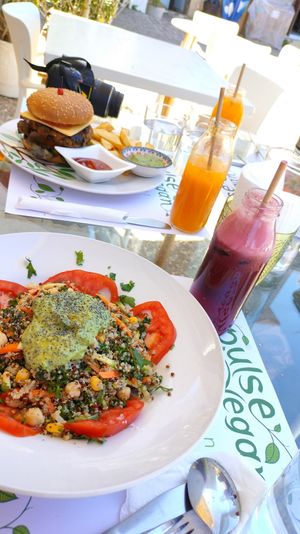 Quinoa salad with beetroot-cucumber juice at Pulse in Crete