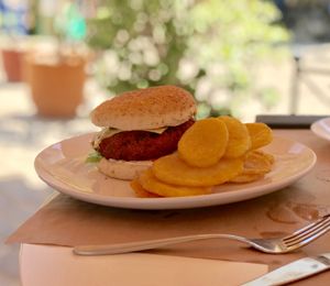 Great vegan cheeseburger with lots of cheese  at Pulse in Crete