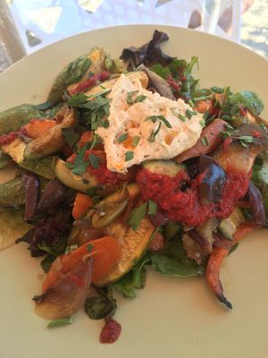 Salat with roasted vegetables and cashew cheese  at Pulse in Crete