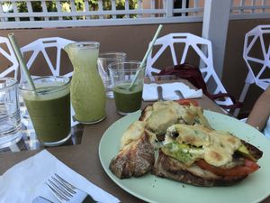 Vegan croque & green smoothie for breakfast!! at Pulse in Crete