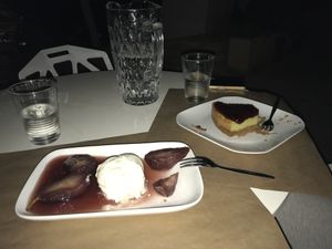 Red wine poached pears with vegan vanilla ice cream & vegan cheesecake! at Pulse in Crete