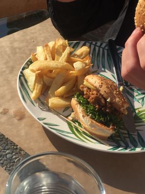 vegan burger and fries at Pulse in Crete