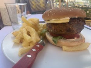 Burger and Chips! (So yummy, had lots of lentils in it) at Pulse in Crete