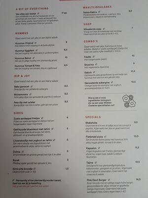 Menu at HUmmUS in The Hague