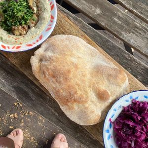 Baba ganoush with pita bread and salad at HUmmUS in The Hague