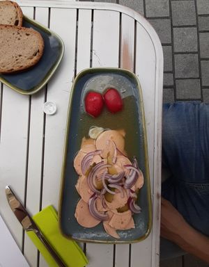 Vegan sausage salad at Zuhause in Augsburg