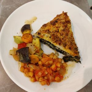Savoury spinach pie, grilled veggies, chickpeas at Paradise Food in Budva