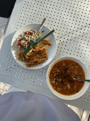 Soup of the day, pasta with soy meat   at Paradise Food in Budva