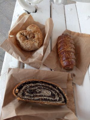 Sausage roll, apple pie and poppy seed strudel at Paradise Food in Budva