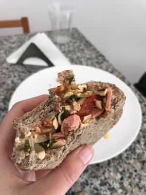 inside one of the bread rolls - tofu, seitan & veggies at Paradise Food in Budva