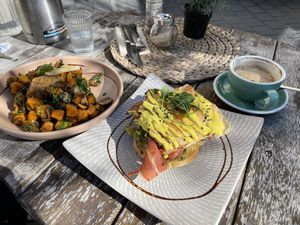 Pumpkin Stack & Bacon Benny (Brekkie Menu) at Doko Demo V in West Burleigh