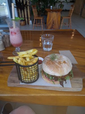 Falafel in sourdough bun with chips 💖 at Doko Demo V in West Burleigh