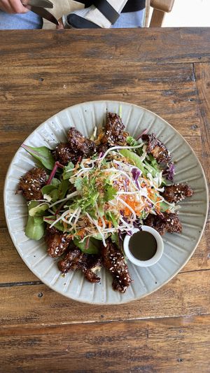 Korean Chykin salad  .. sticky, chewy mock meat with salad & dressing on the side   at Doko Demo V in West Burleigh