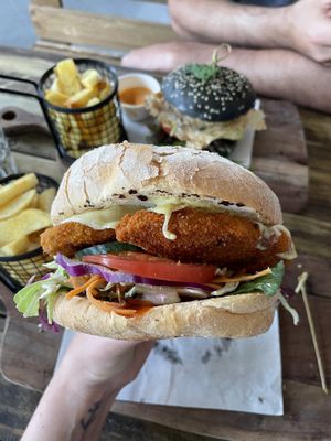 Chick’n burger and chips  at Doko Demo V in West Burleigh