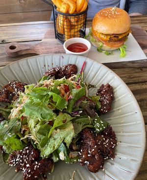 Korean chick’n salad and cheeseburger, both super yummy  at Doko Demo V in West Burleigh