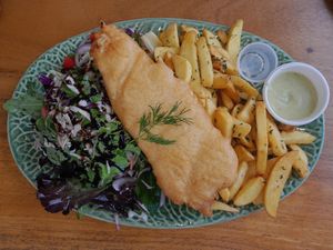 Vegan Fish & Chips. Very yummy and serving size was huge!  at Doko Demo V in West Burleigh