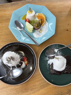 Citrus pannacotta, choc fudge brownie & sticky date pudding   at Doko Demo V in West Burleigh