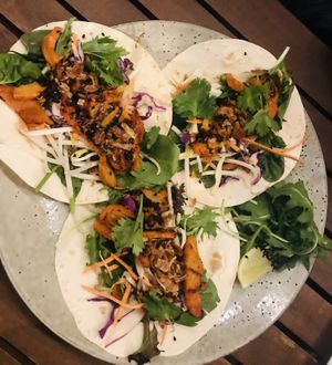 Soft tacos vegan pork at Doko Demo V in West Burleigh