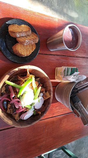 Blueberry smoothie and jackfruit chilaquiles at Enamora in Bacalar