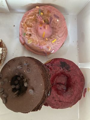Strawberry, chocolates, and hibiscus (jamaica) donuts!!!! at Cake Girl in Los Angeles