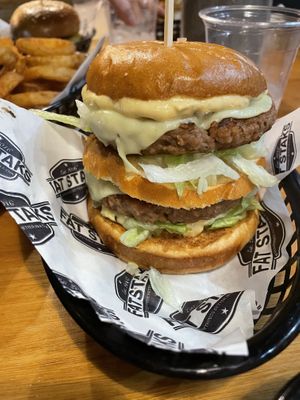 This is a massive burger, their take on the Big Mac.   at Fat Staks in Bundoora
