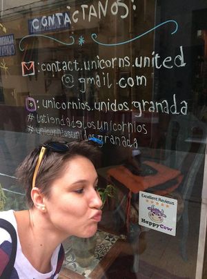 The unicorns, me, and the Happy Cow, all together having fun in Granada!  at La Tienda de Los Unicornios in Granada