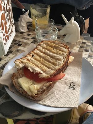 Vegan cheese/tomato sandwich  at La Tienda de Los Unicornios in Granada