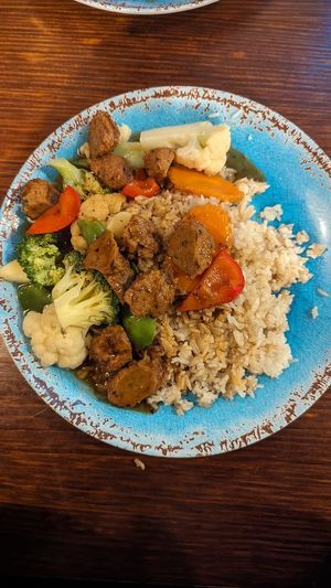 Black pepper beef with fried rice $17.00 at Vegie Mum in Fitzroy