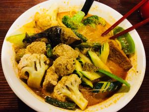 Curry laksa with just the fake chicken, tofu and veg. Sensational!!  at Vegie Mum in Fitzroy