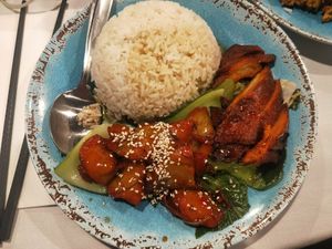 Mock duck & mock pork with rice at Vegie Mum in Fitzroy