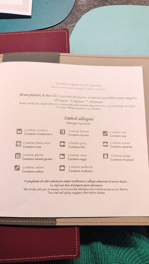 Clearly labelled Allergen list at Ristorante Lo Stornello in Stresa
