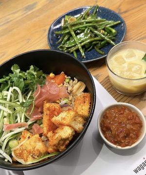 Tofu cha han, wok fried greens & pandan colada  at Wagamama in Brighton