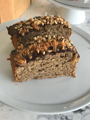 Banana-Choc bread. Toppings peanut and coconut at Plantivora in Leon