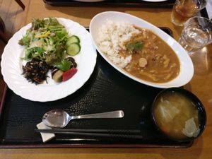 Mild curry, with miso soup and salad. at Genkitei in Tokyo