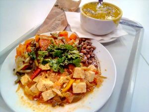 Tofu, beans and mixed veggies with collard greens soup at Celeiro - Saldanha in Lisbon