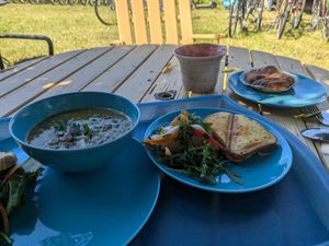 Soup and salad, pesto cheese toastie and cardamom bun at Galleri Stenhallen Café in Borgholm