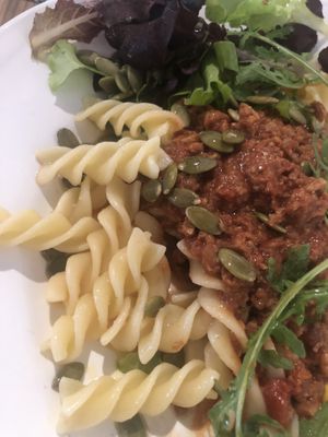 Pasta with sauce and salad at Galleri Stenhallen Café in Borgholm