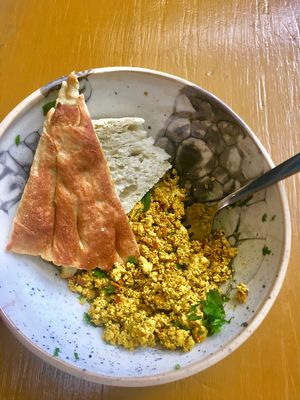 Amazing tofu scramble (bonus - it’s super affordable) at Desarrolladores de Cafe in Medellin