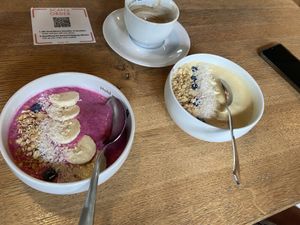 Dragon fruit bowl (good) and Tropical bowl (allright, a bit watery)  at Coffee Fellows - Checkpoint Charlie in Berlin