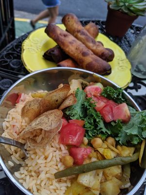 Bowl of the day and tacos with eggplant, spinach and beans (delish!) at Capra in San Jose